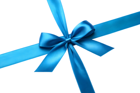 A vibrant blue satin ribbon forms a beautiful bow, crossing diagonally, presenting an elegant decorative look, transparent png isolated for any creative design.