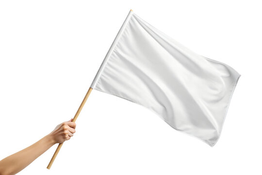 A hand holds a bright white flag on a simple wooden pole, waving it softly, perfectly isolated transparent png.