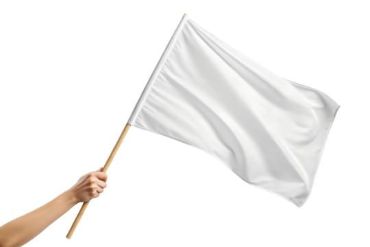 A hand holds a bright white flag on a simple wooden pole, waving it softly, perfectly isolated transparent png.