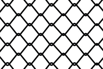 Fototapeta premium Seamless black outline vector pattern of a chain link fence or wire mesh. Interlocking diamond grid texture representing security, barrier, and enclosure. Flat, graphic, and isolated on white.