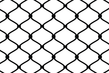 Naklejka premium Seamless black outline vector pattern of a chain link fence or wire mesh. Interlocking diamond grid texture representing security, barrier, and enclosure. Flat, graphic, and isolated on white.