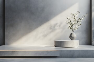 Minimalist Gray Concrete Stage with Plant in Vase and Sunlight Pattern