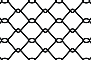 Seamless black outline vector pattern of a chain link fence or wire mesh. Interlocking diamond grid texture representing security, barrier, and enclosure. Flat, graphic, and isolated on white.