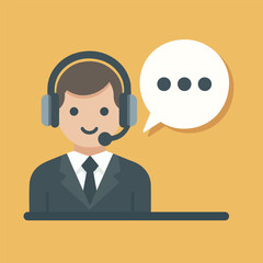 Cartoon vector illustration of a successful businessman in a suit with a headset and a speech bubble, perfect as an office manager icon or concept art