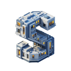 Architectural 3D rendering of the letter 'S' shaped like a building, featuring balconies, windows with warm interior lighting, and an isolated design on a transparent background