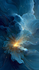 Obraz premium Glowing abstract flower-like cloud in blue shades with golden light, digital painting style, on dark background. Concept of cosmic bloom