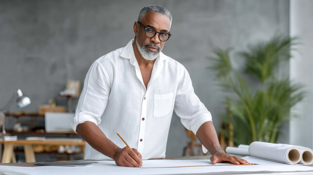 Smart business architect standing drafting table holding pencil and ruler drawing modern interior plan bright studio with plants and rolls - Powered by Adobe