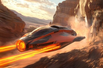 hover bike with futuristic design and glowing orange exhaust trails racing through canyon