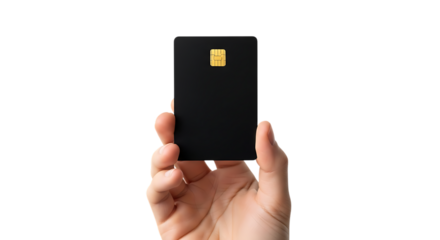 Hand holding black credit card on black background contactless payment concept