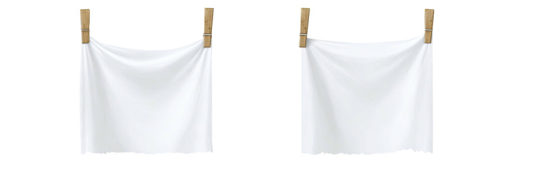 Two white fabrics hung on a clothesline with wooden clips, on a stark black background