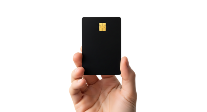 Hand holding black credit card on black background contactless payment concept