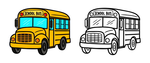 Colorful school bus with black and white outline version. Cute cartoon vector illustration for kids coloring books, educational materials, preschool activities and creative designs. © IRYNA