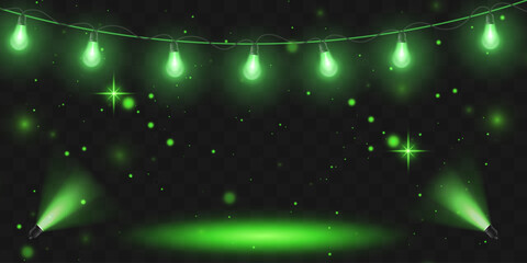 Green garlands in the form of light bulbs. Spotlights for the stage. Vector.