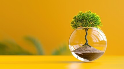 Green Tree Inside Clear Glass Globe on Yellow Background Symbolizing Environmental Protection and Sustainability Concepts