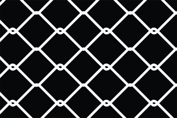 Fototapeta premium Seamless white outline vector pattern of a chain link fence or wire mesh on a black background. Interlocking diamond grid texture representing security, barrier, and enclosure. High-contrast graphic.