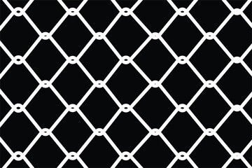 Fototapeta premium Seamless white outline vector pattern of a chain link fence or wire mesh on a black background. Interlocking diamond grid texture representing security, barrier, and enclosure. High-contrast graphic.