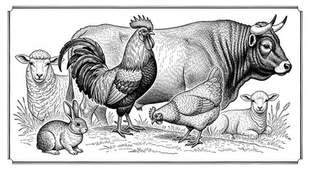 Vintage Black and White Farm Animal Illustrations - Rooster, Hen, Bull, Rabbit, Lamb, Sheep