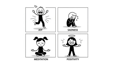 Stick Figure Kids Emotion Icons - Joy, Sadness, Meditation, Positivity