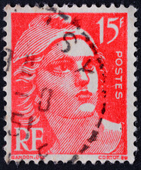 FRANCE-CIRCA 1949:Vintage stamp printed in France, depicts Marianne is a national emblem of France,1949.Philately.Postage stamps from different countries and times.A collection of world stamps.