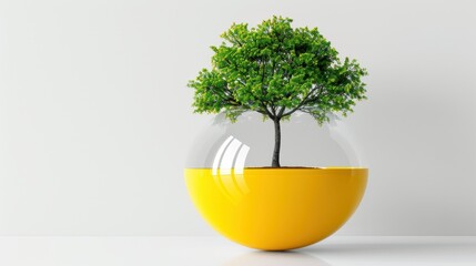 Vibrant Green Tree in Modern Glass Terrarium with Yellow Base Against Neutral Background
