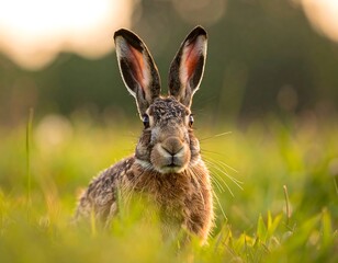 Obraz premium A close-up view of a brown hare in its natural grassy habitat, with long ears and whiskers, golden sunlight in the background