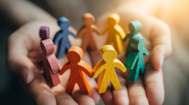 Hands Holding Circle of Colorful Wooden Figures