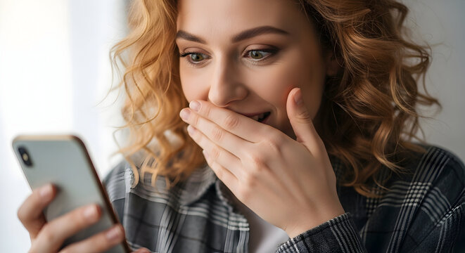 Excited Woman Checking Her Smartphone Amazed by Online Offer Reaction of Joyful Female on Social Media Astonished Girl Watching Media Content News Feed Promotion