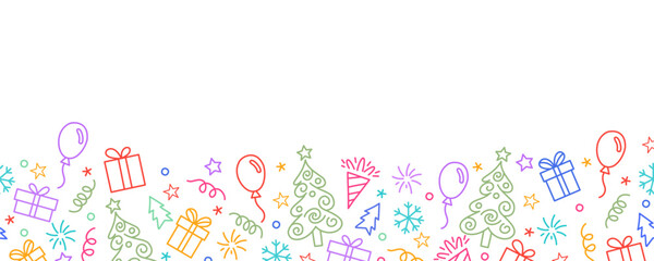 Colorful Christmas line art doodles border seamless pattern background