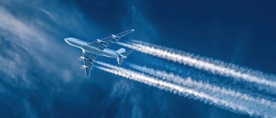 Modern commercial airplane flying high in blue sky leaving contrail behind du daytime, representing travel and transportation services