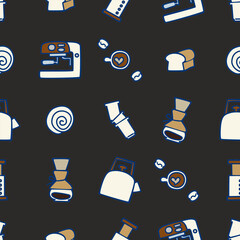 Cute seamless pattern of coffee makers, mugs, and cafe treats in warm tones. Perfect for wallpapers, packaging, or cafe branding design.