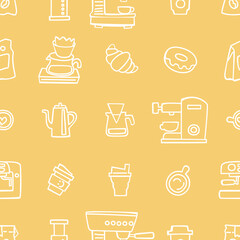 Cute seamless pattern of coffee makers, mugs, and cafe treats in warm tones. Perfect for wallpapers, packaging, or cafe branding design.