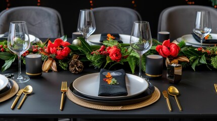 Elegant Holiday Table Setting with Red Flowers, Gold Accents, and Fine Dining Accessories for Festive Gatherings and Celebrations