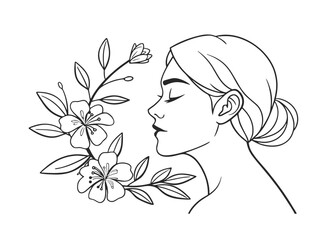 Elegant Woman Profile Line Art with Closed Eyes, Hair Bun, and Delicate Botanical Flowers