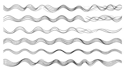A collection of stylized, undulating lines. These wave-like forms vary in density and intensity against a white background, creating a flowing visual texture