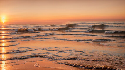 Orange sunset over sea waves and sand beach