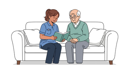 Caregiver reading to elderly man on a white couch.