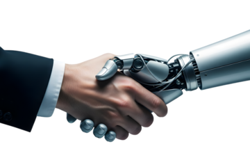 Human hand and robotic arm handshake representing technology collaboration