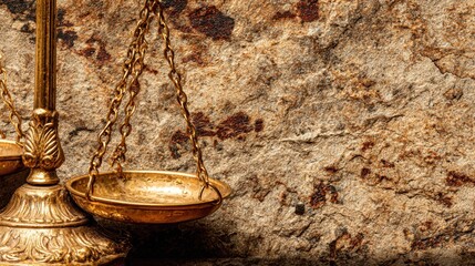 Elegant antique brass balance scale with intricate design and hanging chains on rustic stone wall background