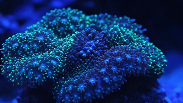 Close-up of vibrant colorful coral reef formation in blue lighting