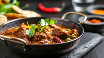 Fototapeta premium Rich and Flavorful Beef Curry with Fresh Herbs and Spices in Traditional Indian Bowl