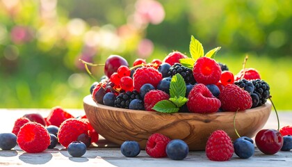 Wooden bowl overflowing with various ripe red, blue, and black berries