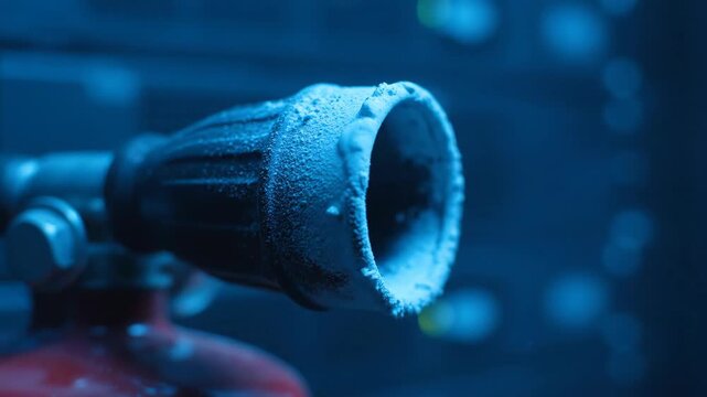Close-up view of frozen fire extinguishing equipment with frost