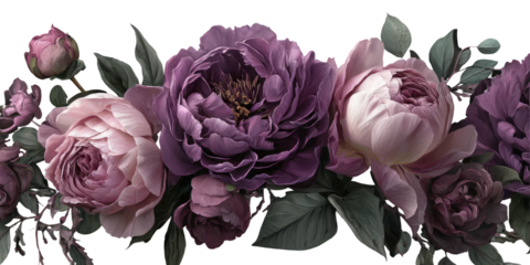 Detailed close-up of floral garland with large blooms, leaves and buds against black background