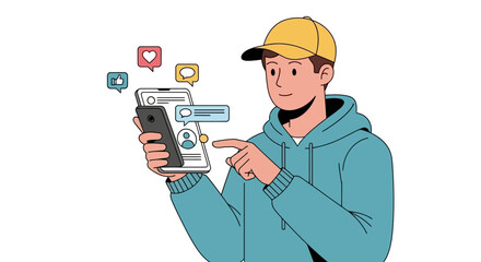 Young man in a blue hoodie and yellow cap using a smartphone and tablet.