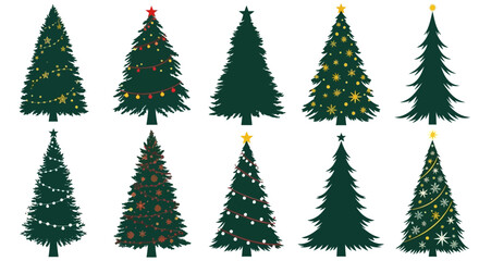 Collection of ten Christmas trees, some decorated with lights and stars.