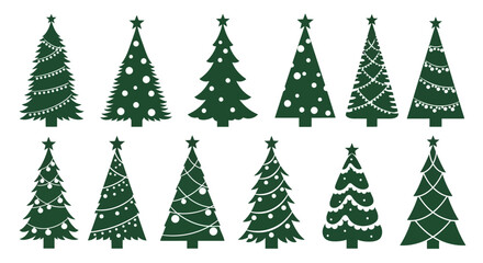 A collection of twelve green Christmas tree silhouettes with various decorations like stars, baubles, and garlands.