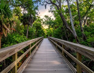 Fototapeta premium Wooden bridge traverses lush green forest, leading towards sunlight