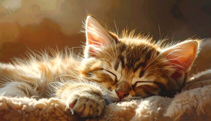 Naklejka premium A cozy image of a light brown and orange kitten soundly asleep on a soft, textured blanket in warm sunlight. The cat's eyes are closed