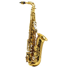 Naklejka premium Close-up shot of a shiny golden saxophone on a clean white background, studio style