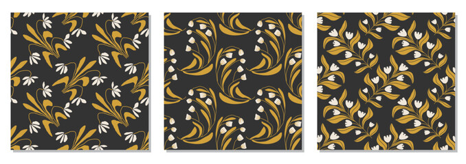 Set of trendy minimalist seamless botanical pattern with abstract creative hand drawn composition